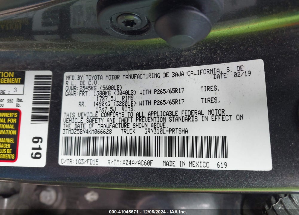 2019 TOYOTA TACOMA TRD SPORT VIN: 3TMDZ5BN4KM066628