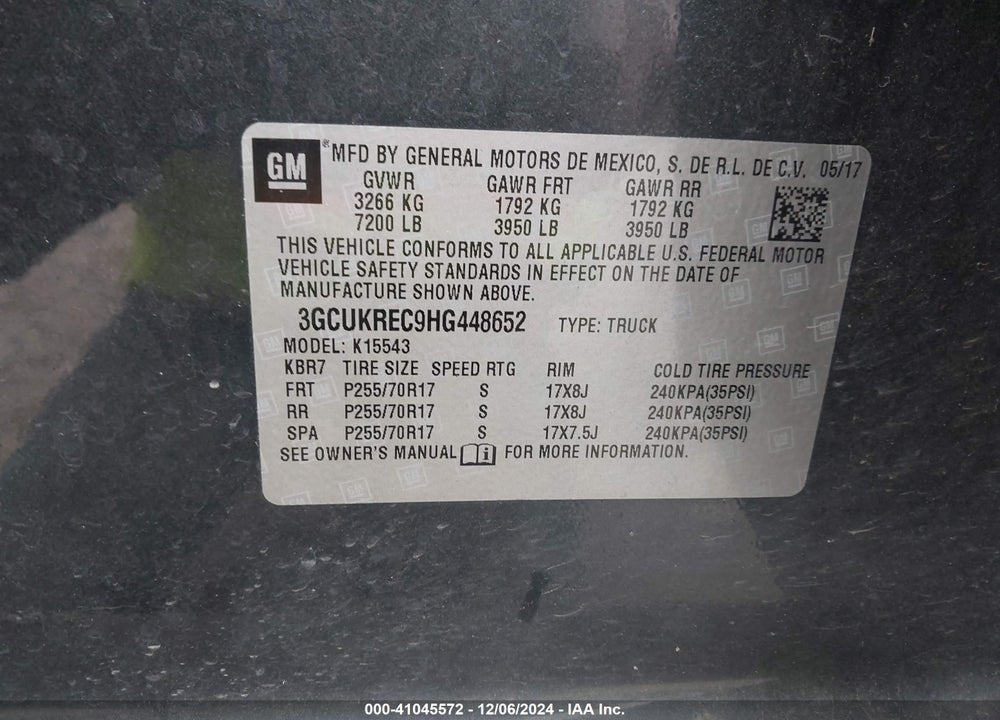2017 CHEVROLET SILVERADO 1500 1LT VIN: 3GCUKREC9HG448652