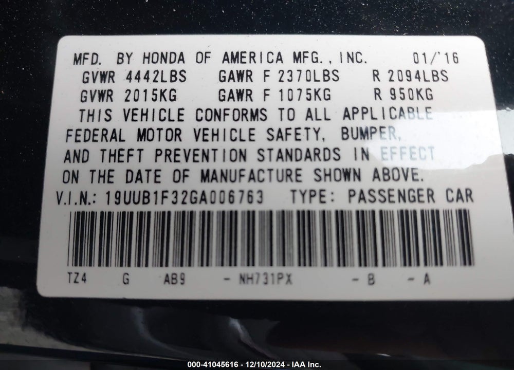 2016 ACURA TLX VIN: 19UUB1F32GA006763