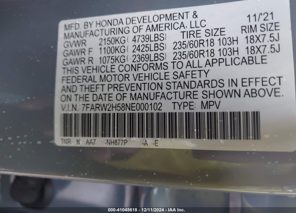 2022 HONDA CR-V VIN: 7FARW2H58NE000102