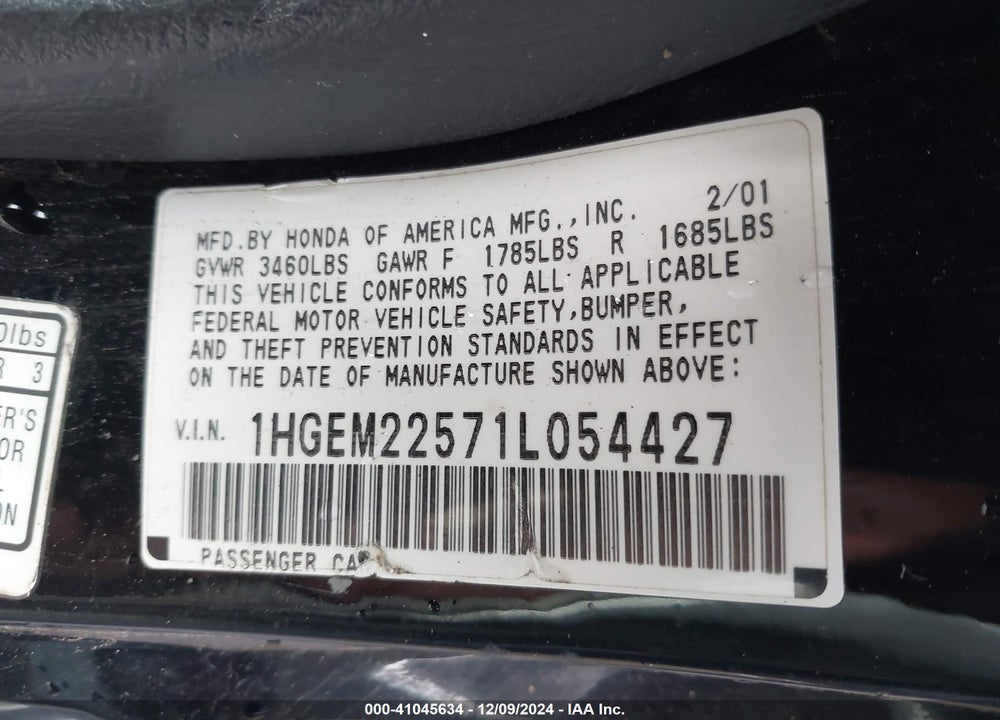 2001 HONDA CIVIC VIN: 1HGEM22571L054427