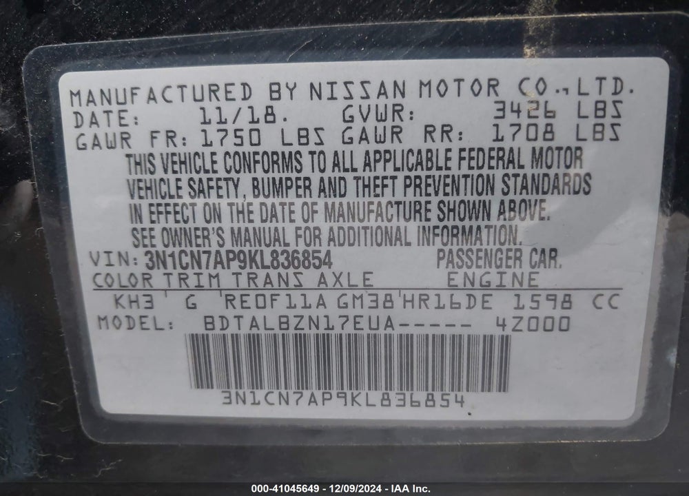 2019 NISSAN VERSA VIN: 3N1CN7AP9KL836854