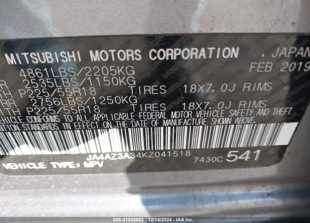 2019 MITSUBISHI OUTLANDER SEL VIN: JA4AZ3A34KZ041518