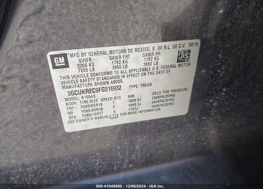 2015 CHEVROLET SILVERADO 1500 2LT VIN: 3GCUKREC9FG516932