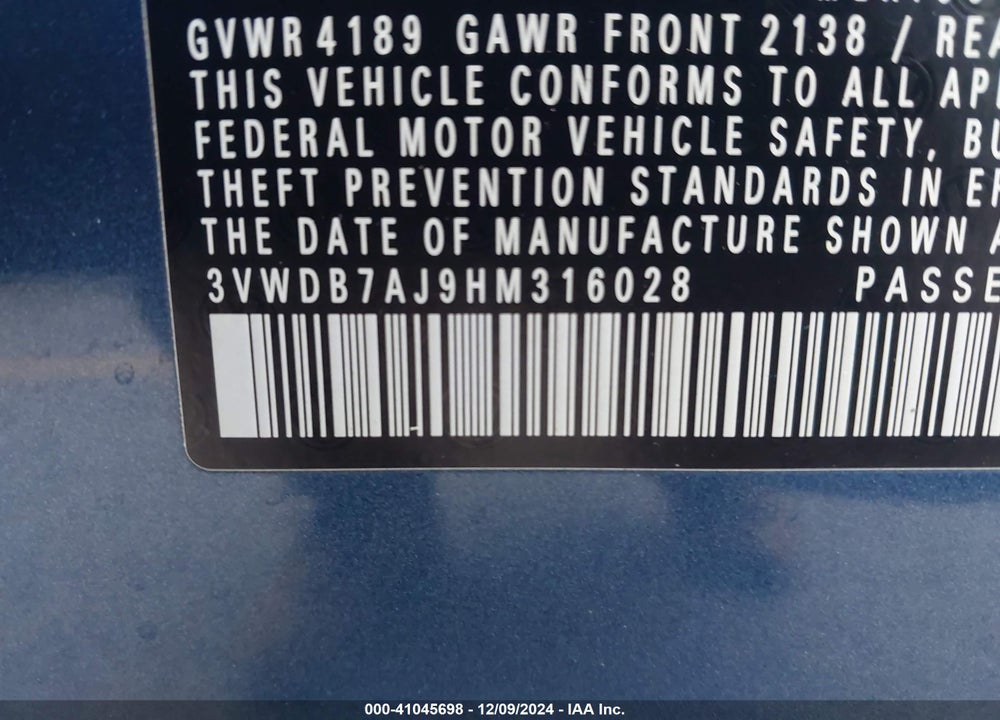 2017 VOLKSWAGEN JETTA 1.4T SE VIN: 3VWDB7AJ9HM316028