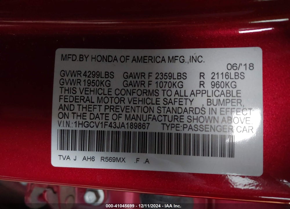 2018 HONDA ACCORD EX VIN: 1HGCV1F43JA189867