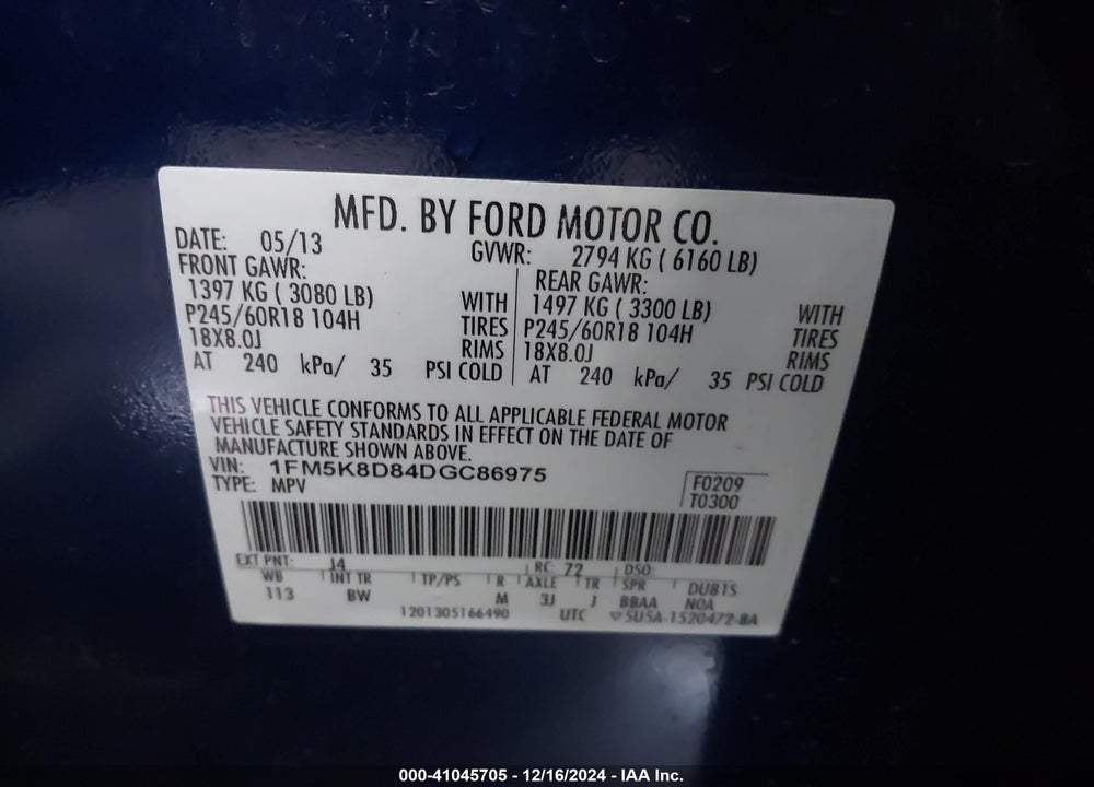 2013 FORD EXPLORER XLT VIN: 1FM5K8D84DGC86975
