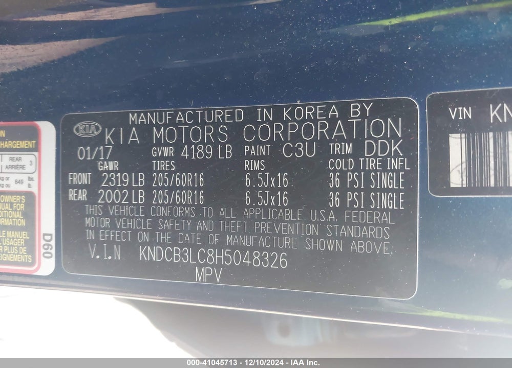 2017 KIA NIRO VIN: KNDCB3LC8H5048326