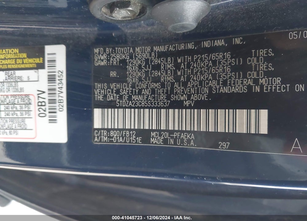 2005 TOYOTA SIENNA LE VIN: 5TDZA23C85S333637