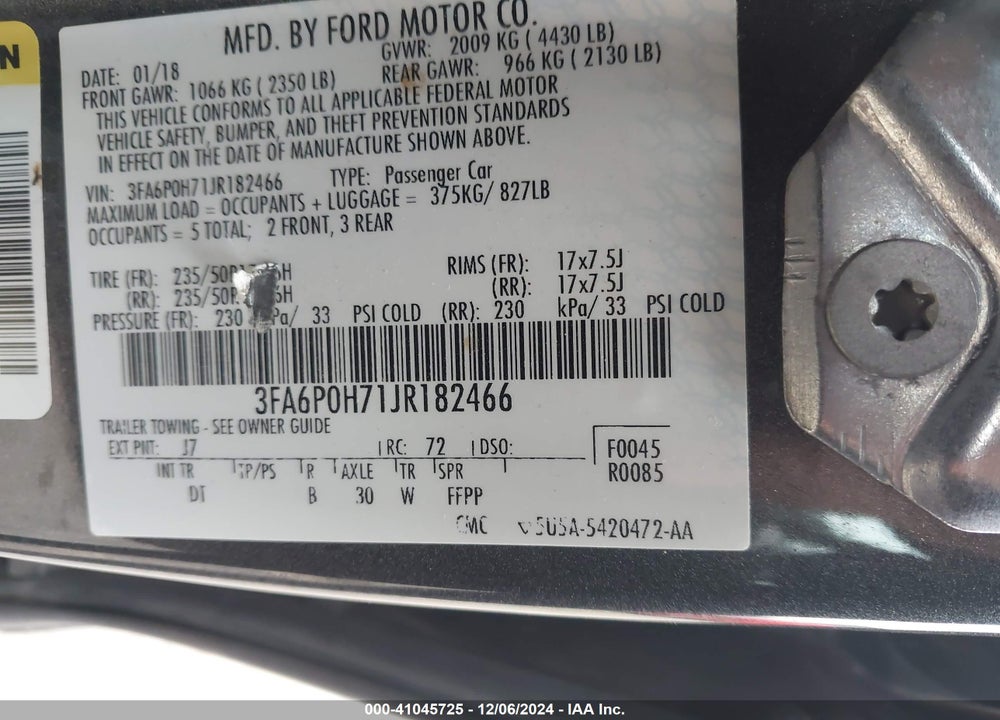 2018 FORD FUSION SE VIN: 3FA6P0H71JR182466