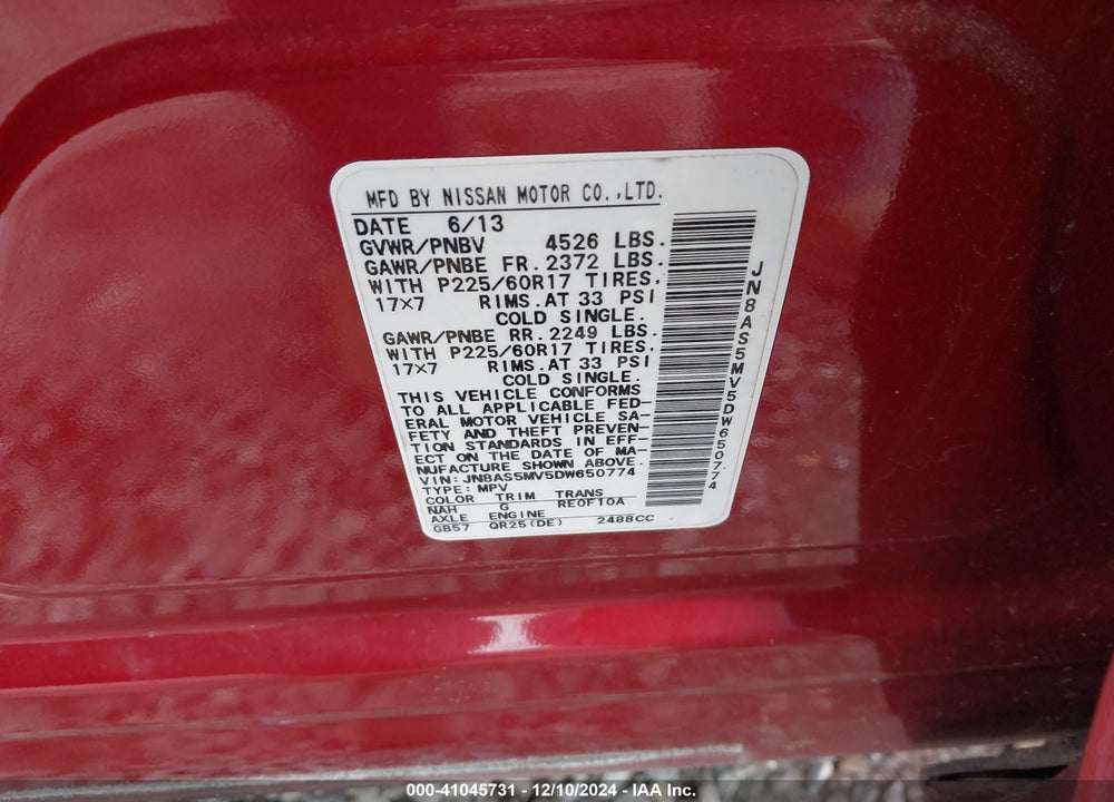 2013 NISSAN ROGUE SV VIN: JN8AS5MV5DW650774