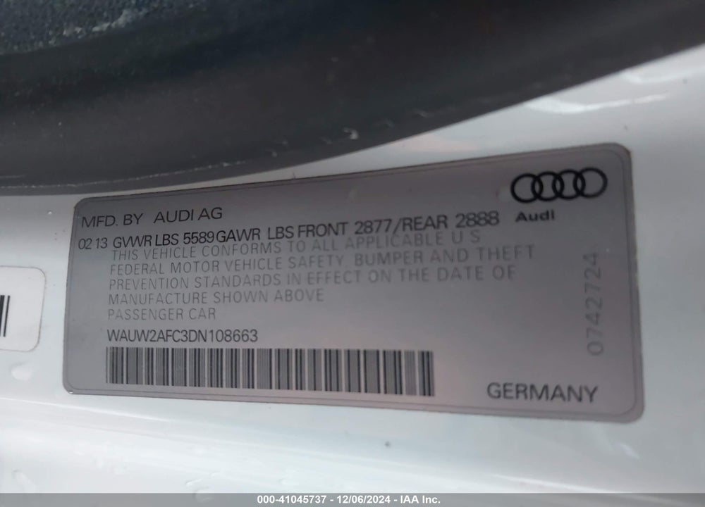 2013 AUDI S7 4.0T PRESTIGE VIN: WAUW2AFC3DN108663