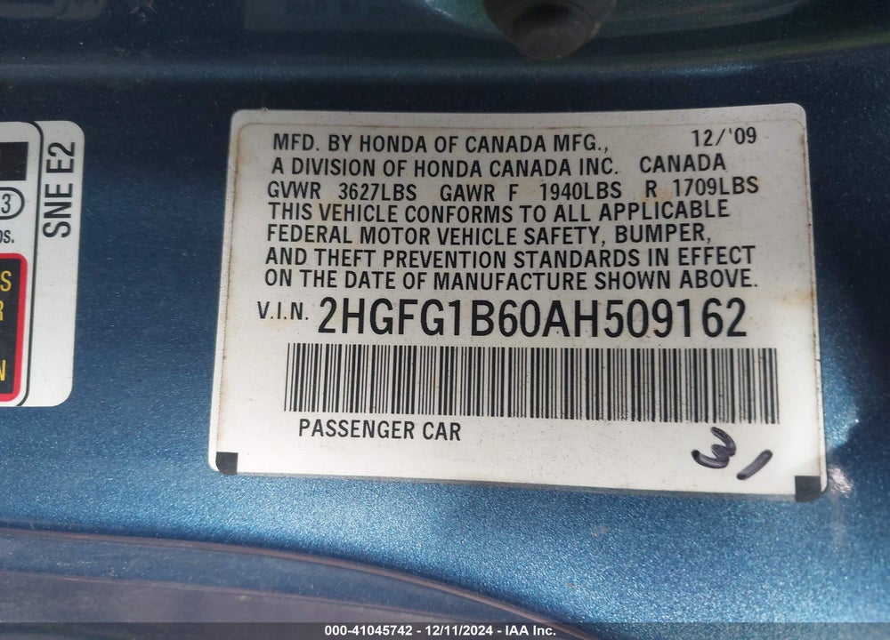 2010 HONDA CIVIC LX VIN: 2HGFG1B60AH509162