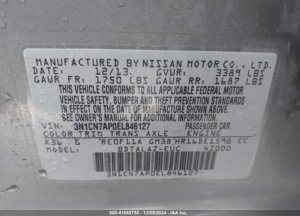 2014 NISSAN VERSA 1.6 S+ VIN: 3N1CN7AP0EL846127