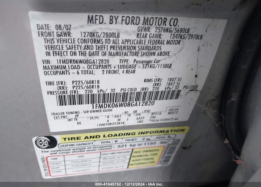 2008 FORD TAURUS X LIMITED VIN: 1FMDK06W08GA12820