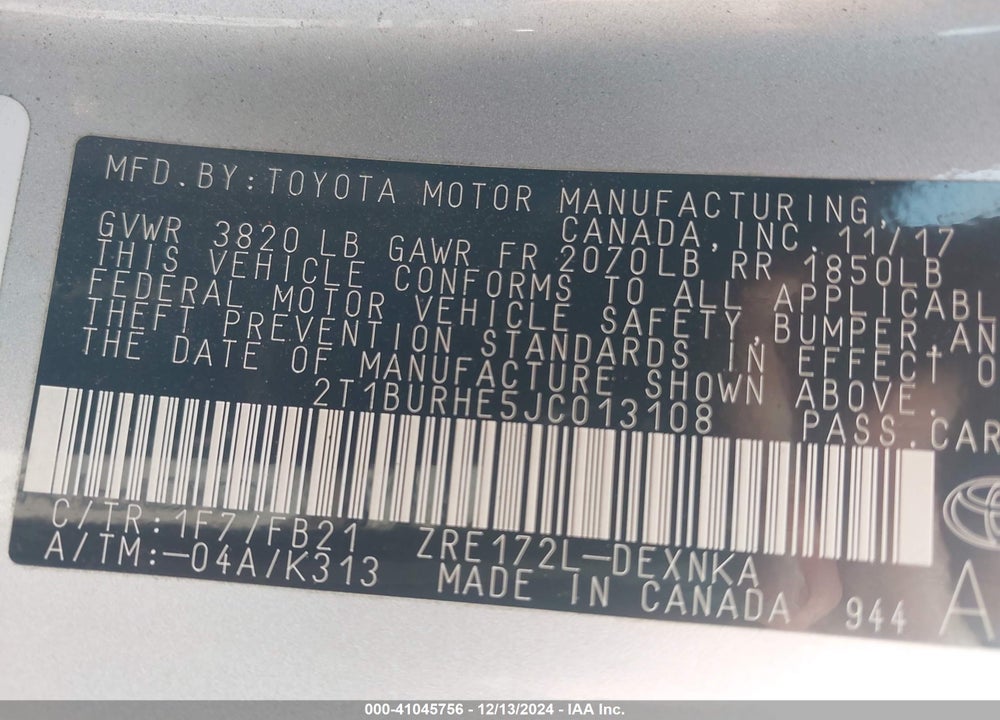 2018 TOYOTA COROLLA LE VIN: 2T1BURHE5JC013108