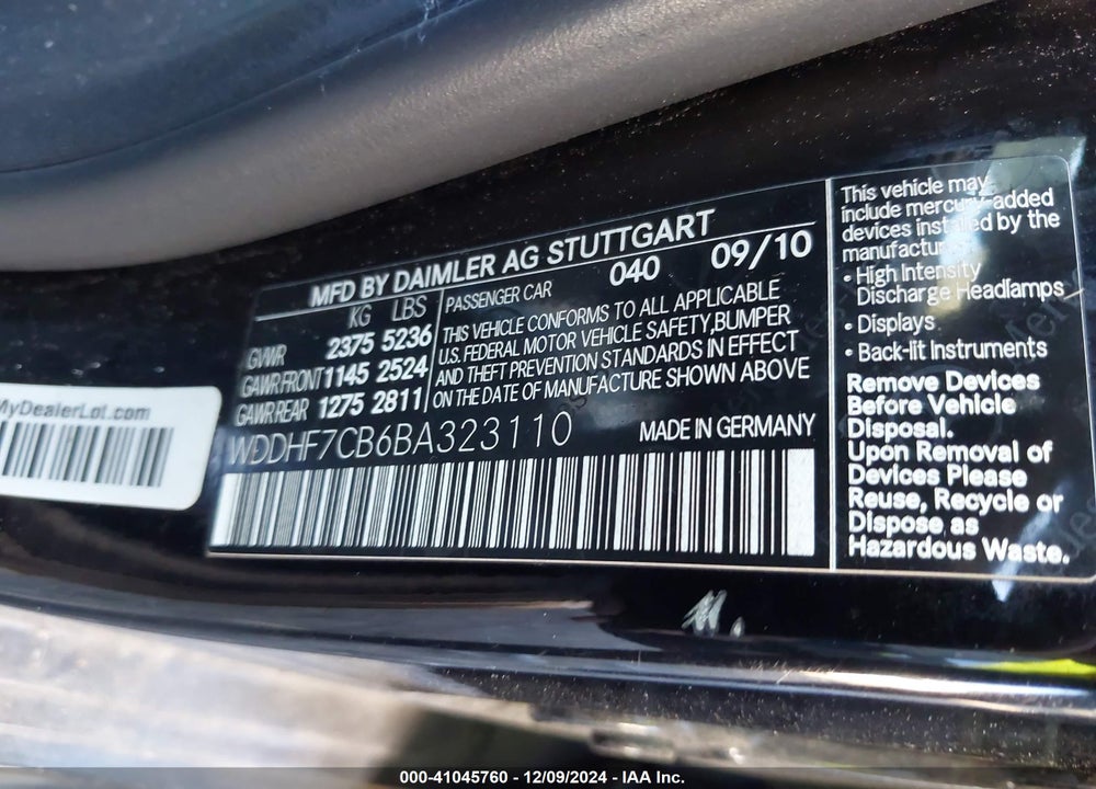 2011 MERCEDES-BENZ E 550 VIN: WDDHF7CB6BA323110