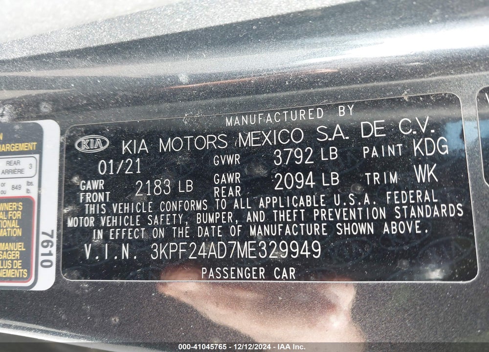 2021 KIA FORTE LXS VIN: 3KPF24AD7ME329949