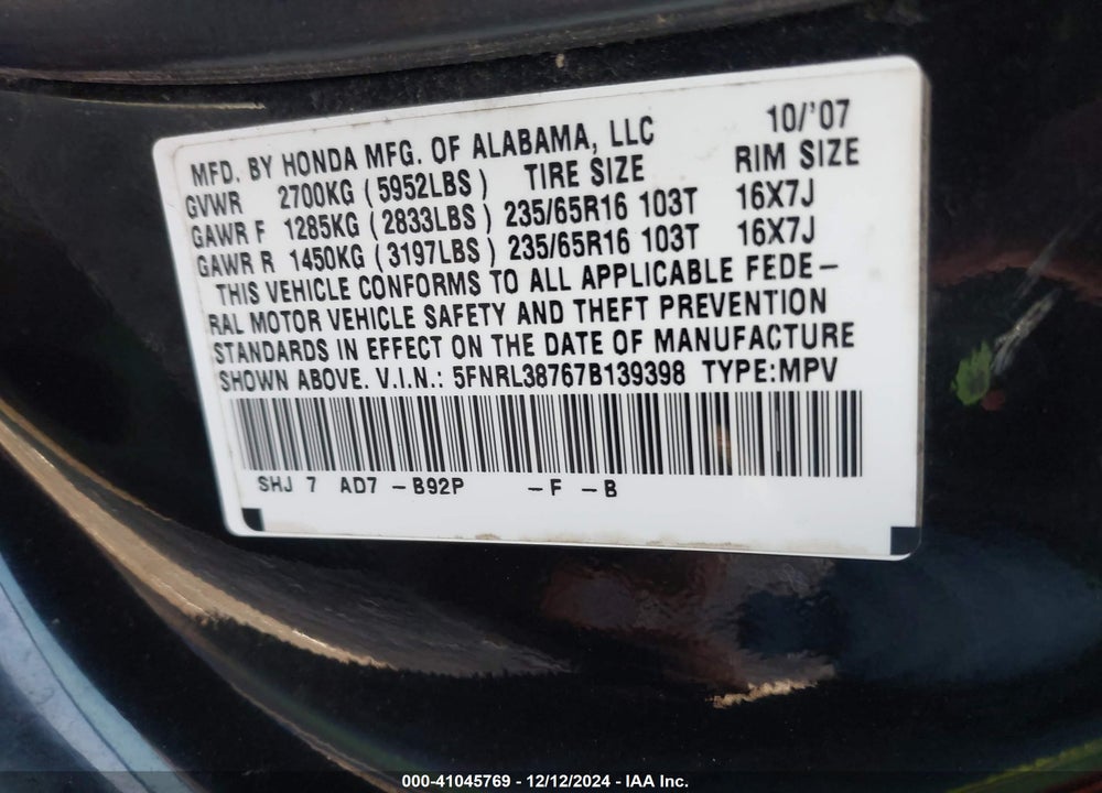 2007 HONDA ODYSSEY VIN: 5FNRL38767B139398