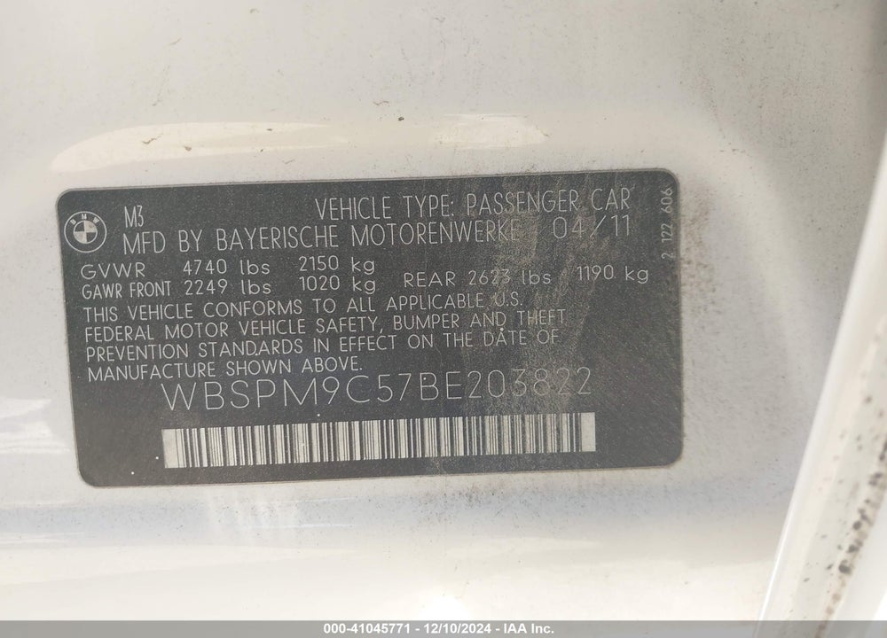 2011 BMW M3 VIN: WBSPM9C57BE203822