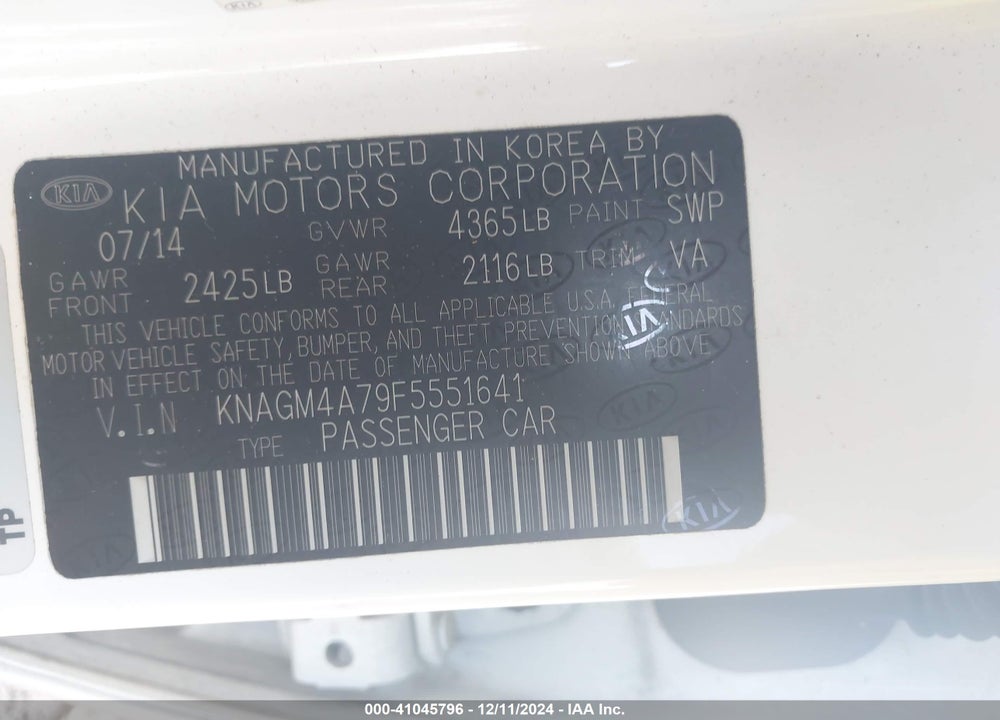 2015 KIA OPTIMA LX VIN: KNAGM4A79F5551641
