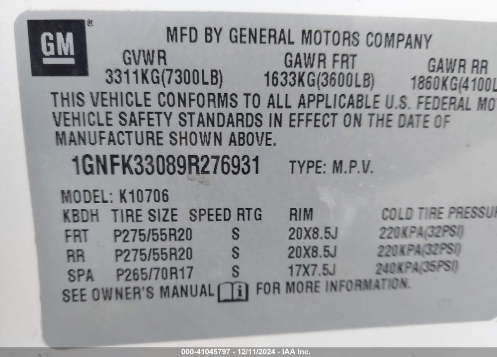 2009 CHEVROLET TAHOE LTZ VIN: 1GNFK33089R276931