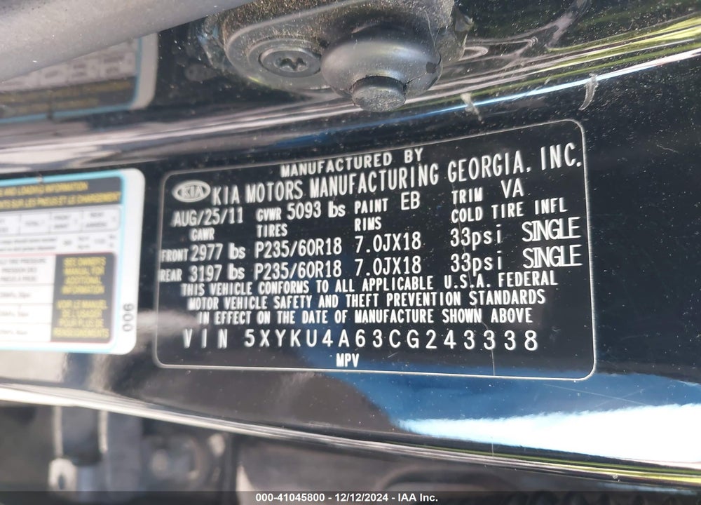 2012 KIA SORENTO EX VIN: 5XYKU4A63CG243338
