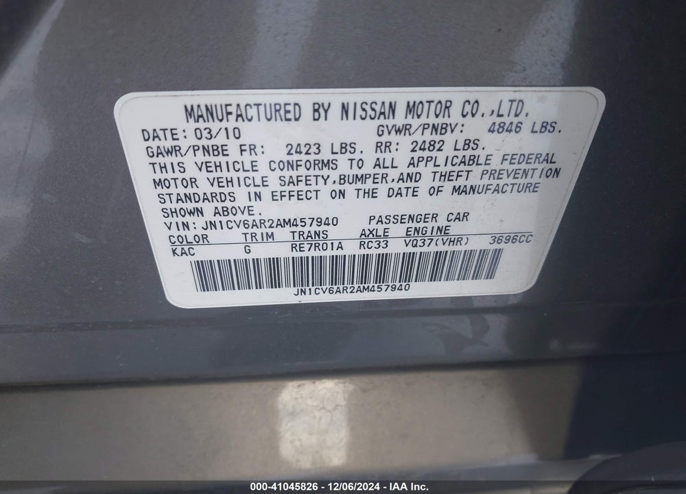 2010 INFINITI G37X VIN: JN1CV6AR2AM457940