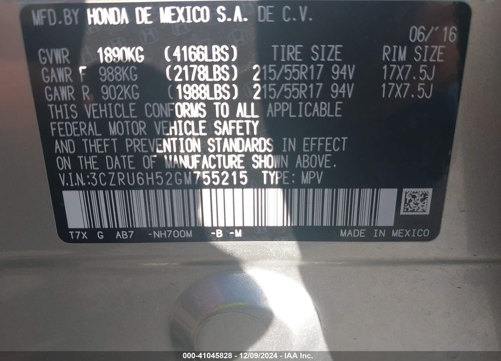 2016 HONDA HR-V EX VIN: 3CZRU6H52GM755215