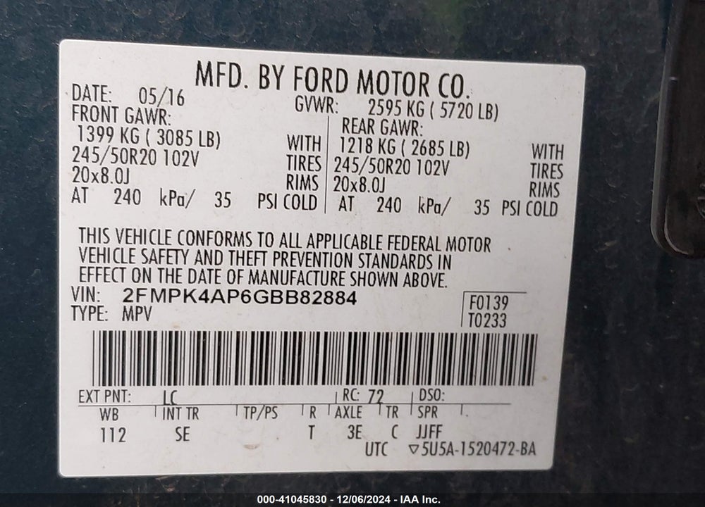 2016 FORD EDGE SPORT VIN: 2FMPK4AP6GBB82884
