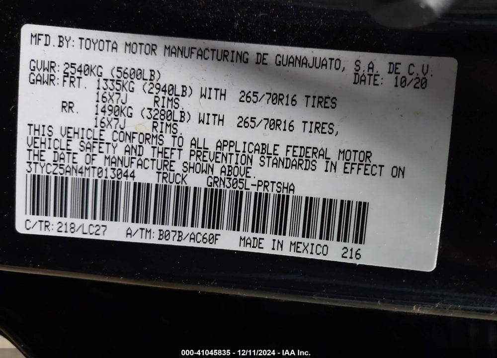 2021 TOYOTA TACOMA TRD OFF ROAD VIN: 3TYCZ5AN4MT013044