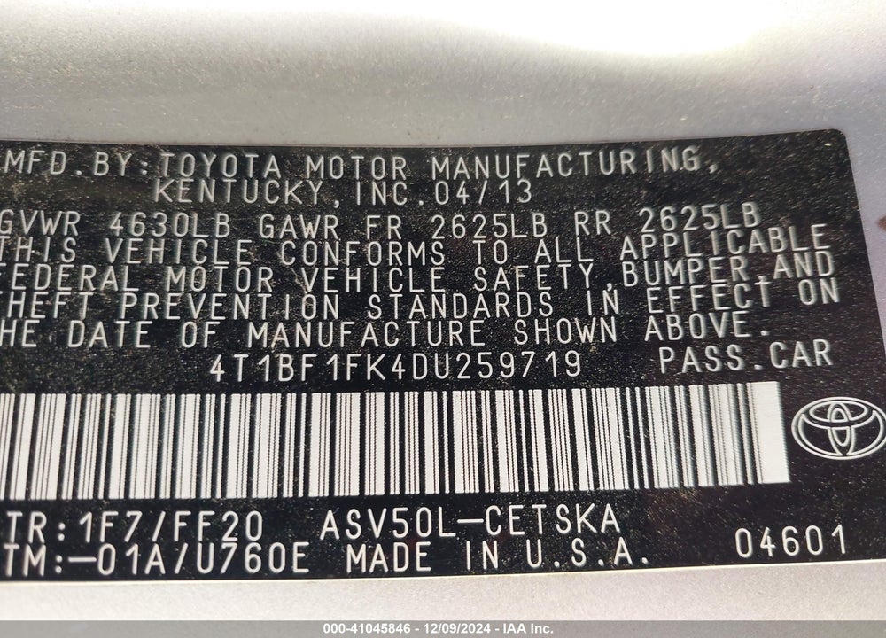 2013 TOYOTA CAMRY SE VIN: 4T1BF1FK4DU259719