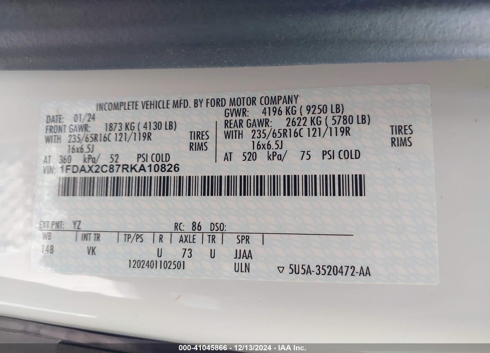 2024 FORD TRANSIT-350 PASSENGER VAN XL VIN: 1FDAX2C87RKA10826