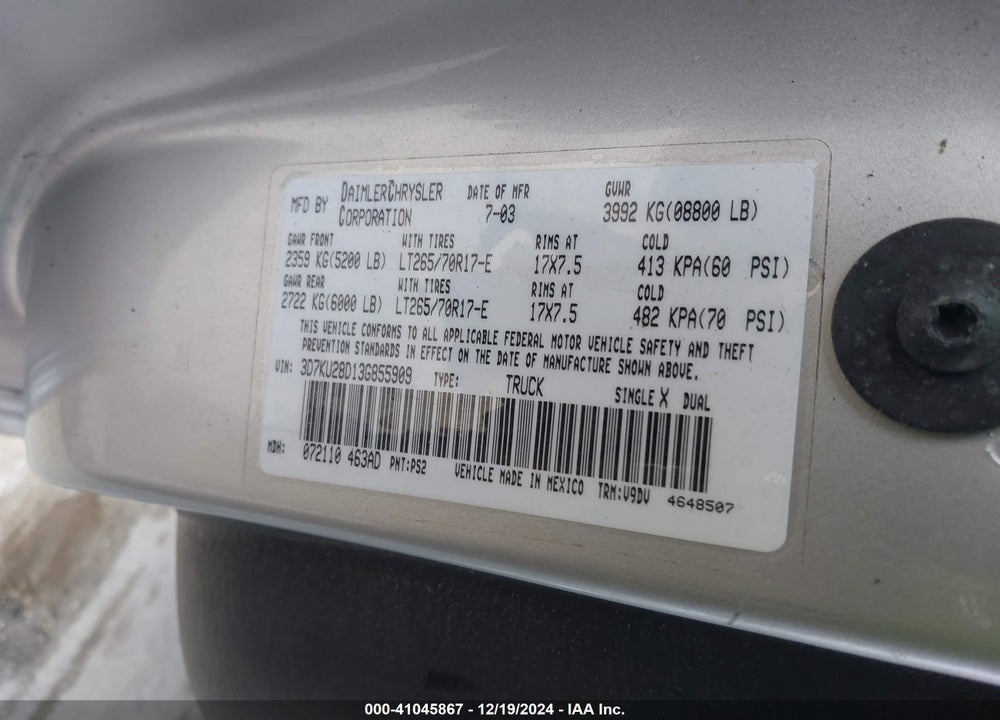 2003 DODGE RAM 2500 SLT/LARAMIE/ST VIN: 3D7KU28D13G855909
