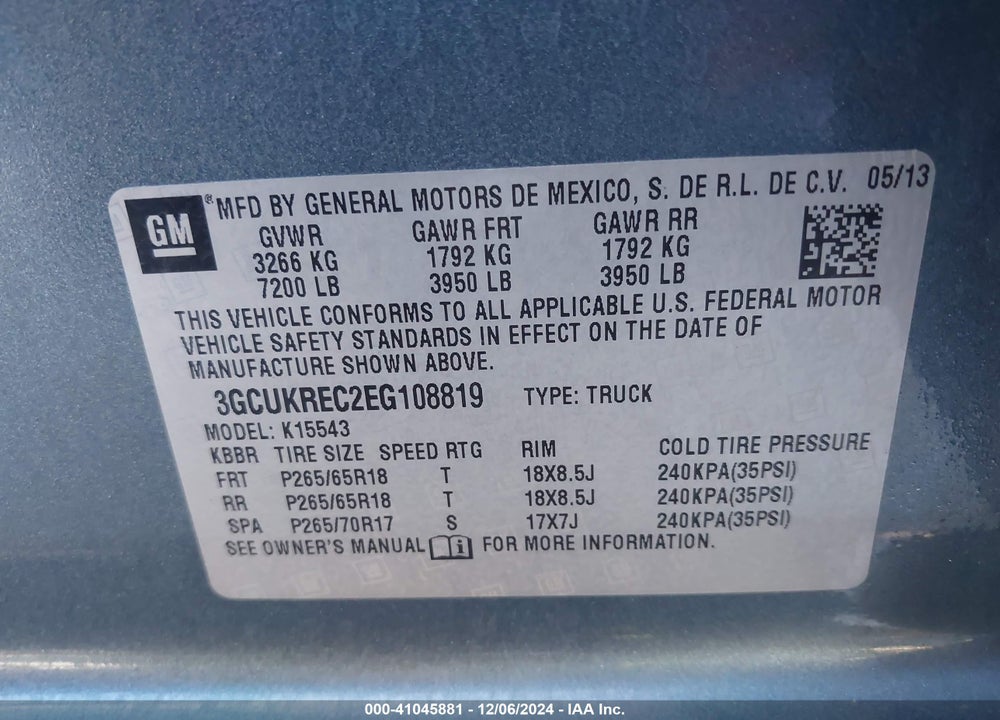 2014 CHEVROLET SILVERADO 1500 2LT VIN: 3GCUKREC2EG108819