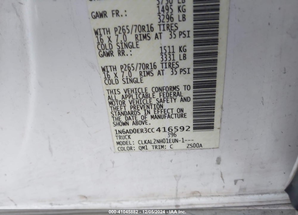 2012 NISSAN FRONTIER SV VIN: 1N6AD0ER3CC416592
