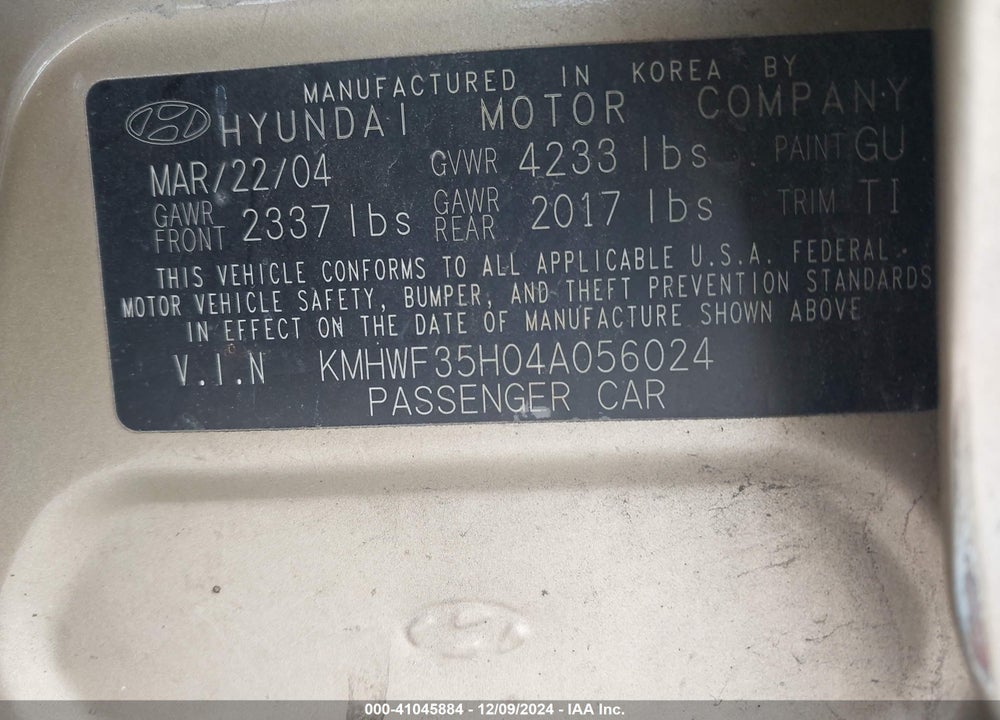 2004 HYUNDAI SONATA GLS/LX VIN: KMHWF35H04A056024
