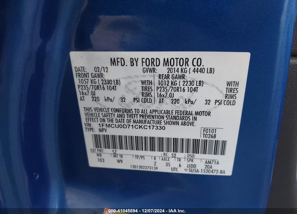 2012 FORD ESCAPE XLT VIN: 1FMCU0D71CKC17330
