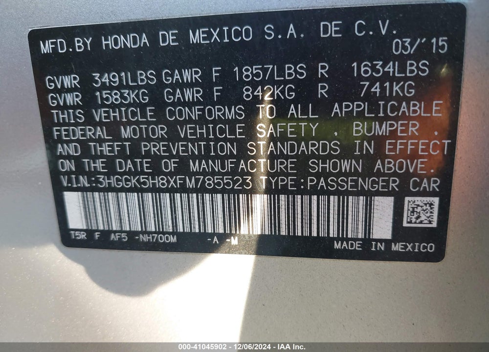 2015 HONDA FIT EX/EX-L VIN: 3HGGK5H8XFM785523