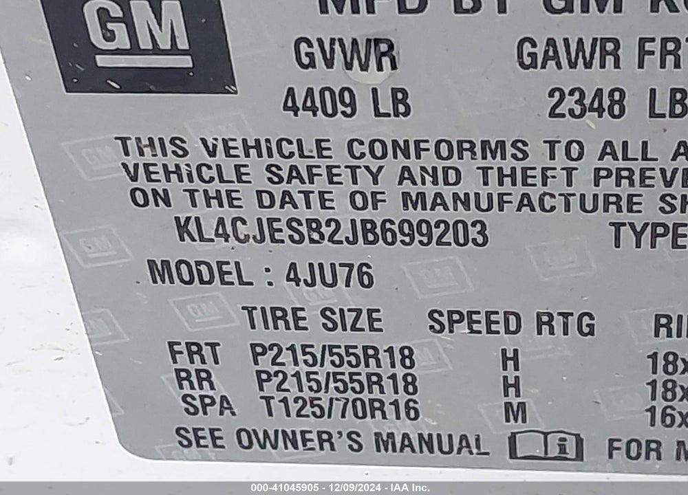 2018 BUICK ENCORE PREFERRED VIN: KL4CJESB2JB699203