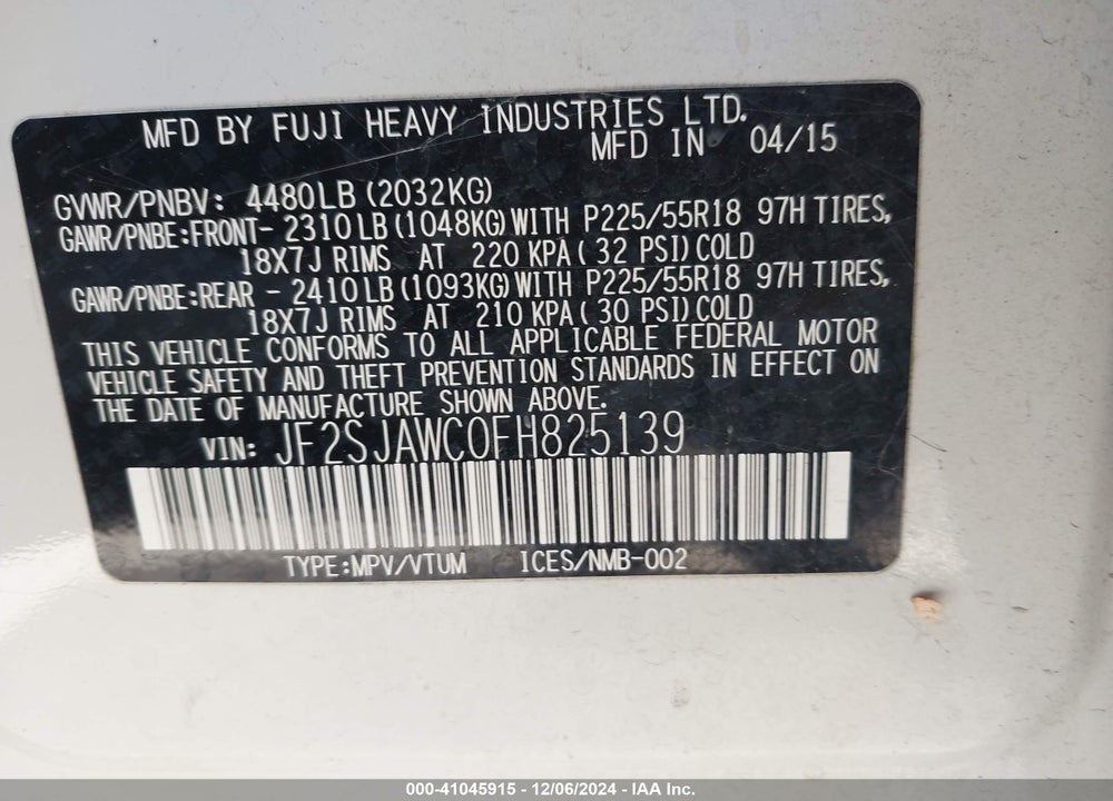 2015 SUBARU FORESTER 2.5I TOURING VIN: JF2SJAWC0FH825139