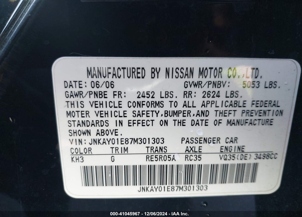 2007 INFINITI M35 VIN: JNKAY01E87M301303