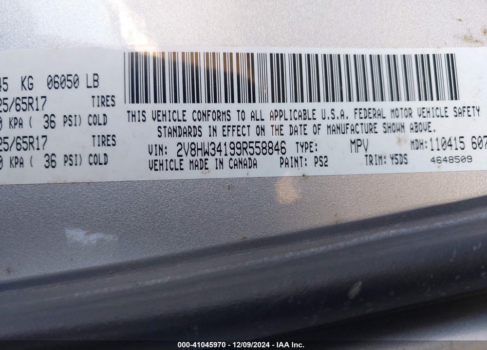 2009 VOLKSWAGEN ROUTAN SE VIN: 2V8HW34199R558846