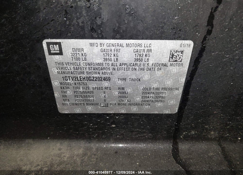 2016 GMC SIERRA 1500 VIN: 1GTV2LEH0GZ202469