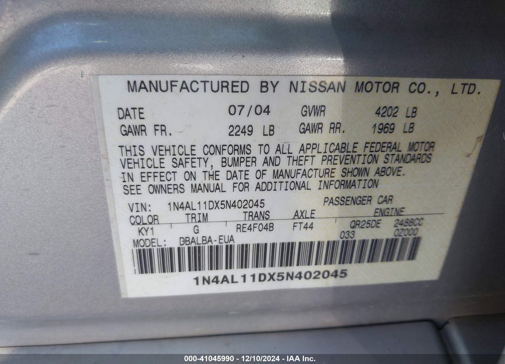 2005 NISSAN ALTIMA 2.5 S VIN: 1N4AL11DX5N402045