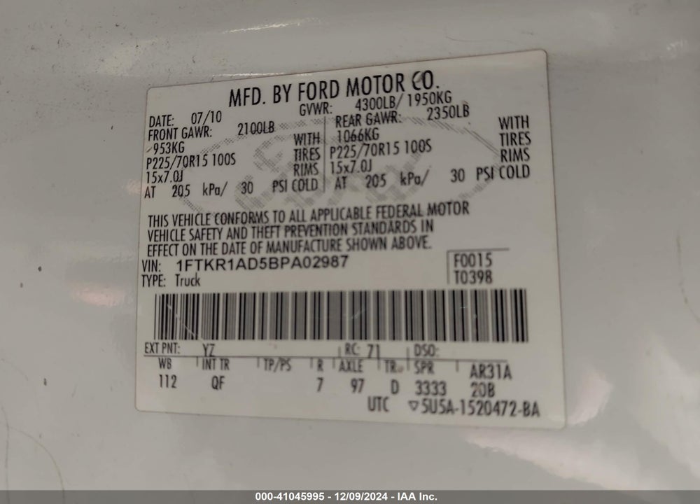 2011 FORD RANGER XL VIN: 1FTKR1AD5BPA02987