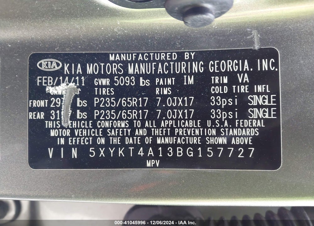 2011 KIA SORENTO LX VIN: 5XYKT4A13BG157727