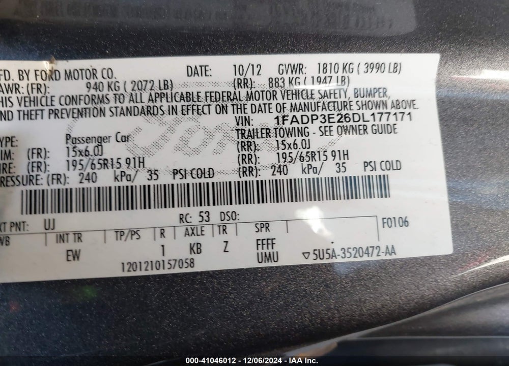 2013 FORD FOCUS S VIN: 1FADP3E26DL177171