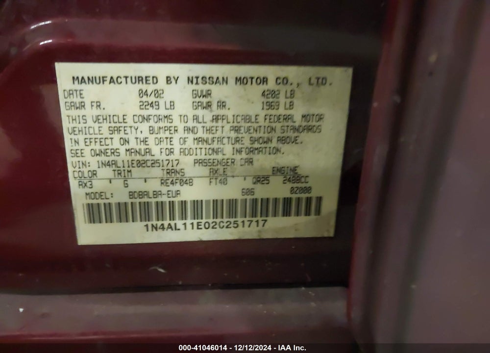 2002 NISSAN ALTIMA 2.5 SL VIN: 1N4AL11E02C251717