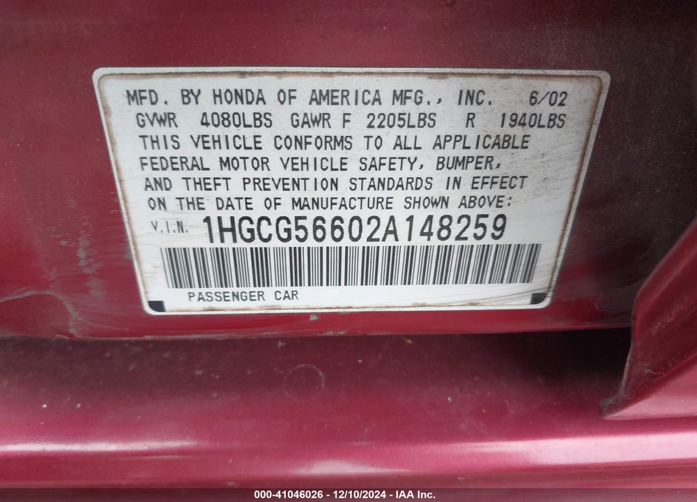 2002 HONDA ACCORD 2.3 EX VIN: 1HGCG56602A148259